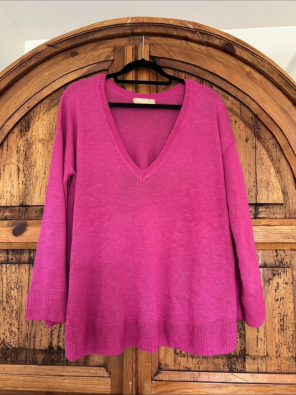 NWOT Free People Isadora Reversible V Neck Knit Hot Pink Sweater Top